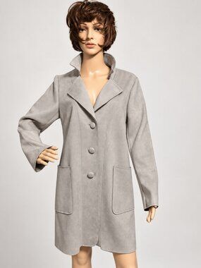 Magaschoni Women's Faux Suede Longline Coat Trench Gray SzM button Front Pockets